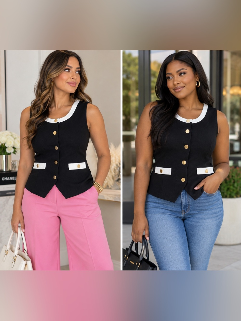 Rachel Roy Classy Black Sleeveless Button Front Vest with White Trim NWT Size XL